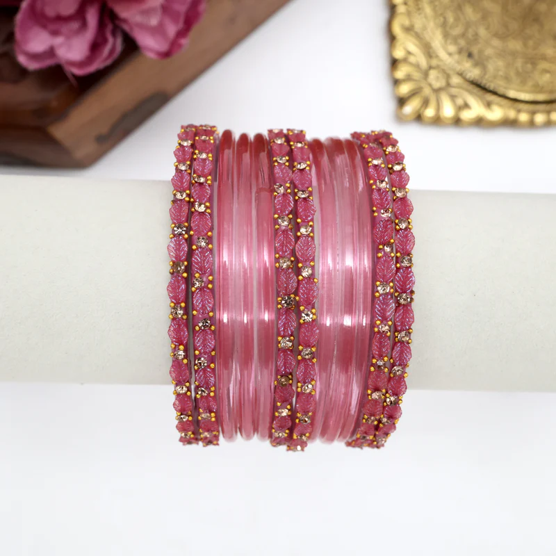 Leaf Cut Plain Bangles One Dozen Combo - Onion Pink
